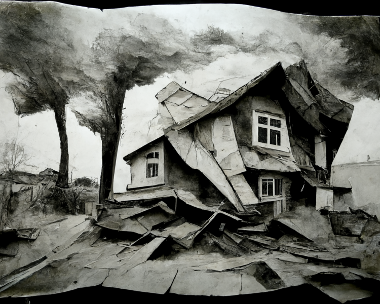 AI generated image of paper house in charcoal